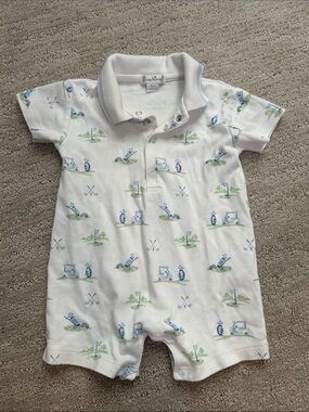 Kissy Kissy White Polo-Style Golf Print One-Piece with Blue & Green Accents